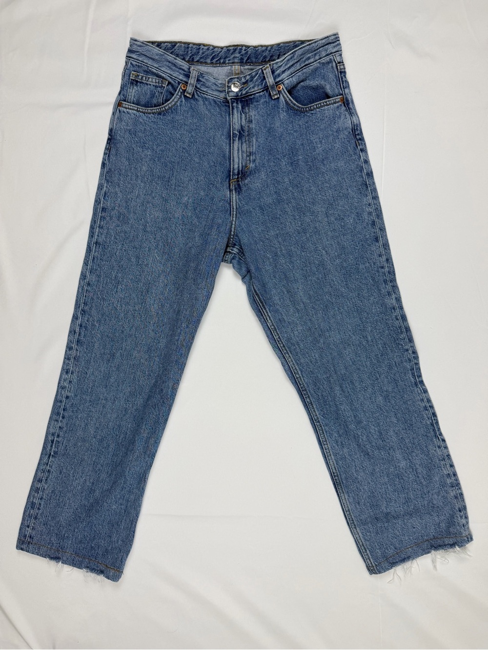 MONKI Taiki Jeans High Waist Balloon Leg 100% Cotton Blue Denim Raw Hem